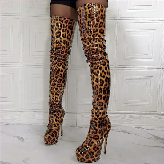 Patent Leopard Print Thigh High Platform Stiletto Boots - Pleasures and Sins