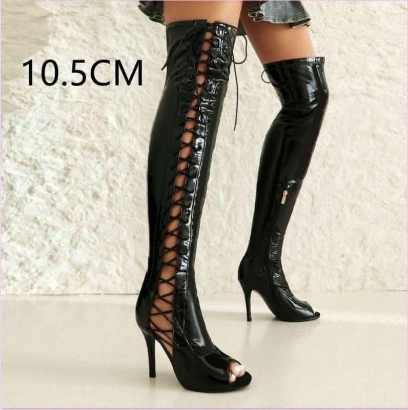 Patent Stretch Over-the-knee Boots with 5cm Heel and Open Toe - Pleasures and Sins