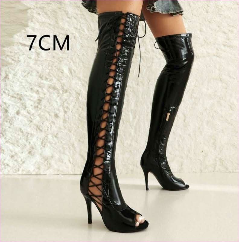 Patent Stretch Over-the-knee Boots with 5cm Heel and Open Toe - Pleasures and Sins