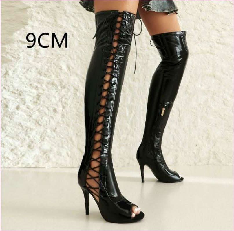 Patent Stretch Over-the-knee Boots with 5cm Heel and Open Toe - Pleasures and Sins