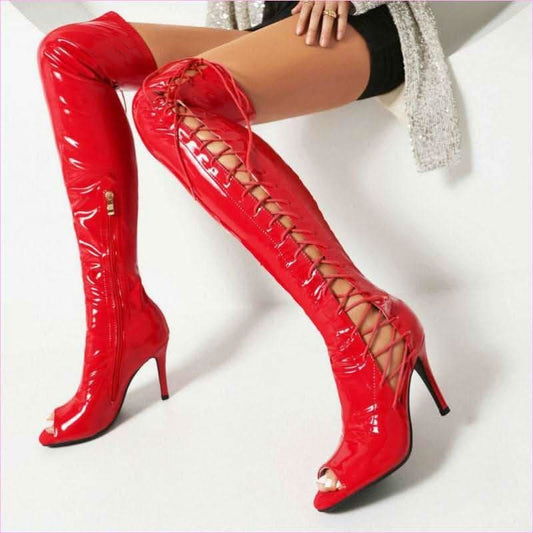 Patent Stretch Over-the-knee Boots with 5cm Heel and Open Toe - Pleasures and Sins
