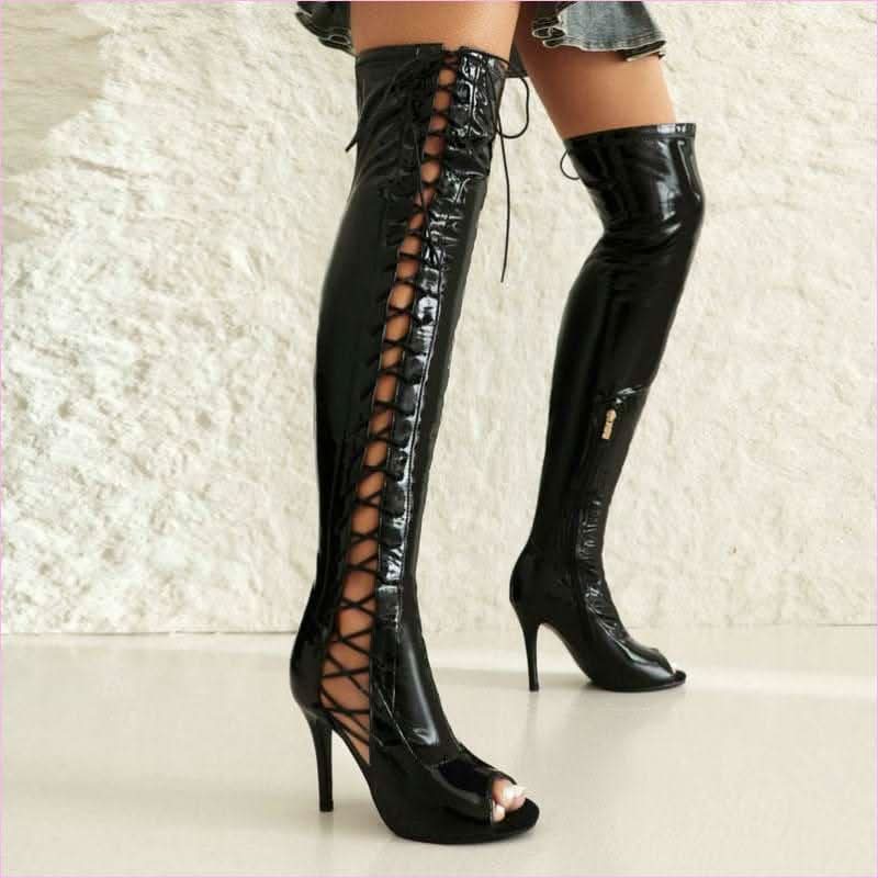 Patent Stretch Over-the-knee Boots with 5cm Heel and Open Toe - Pleasures and Sins