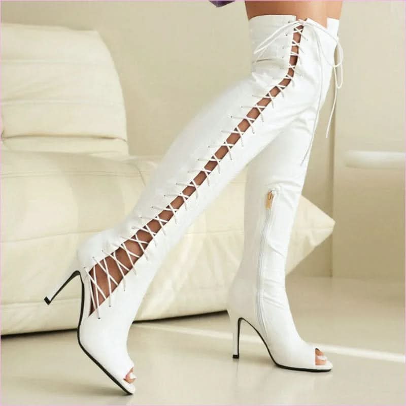 Patent Stretch Over-the-knee Boots with 5cm Heel and Open Toe - Pleasures and Sins