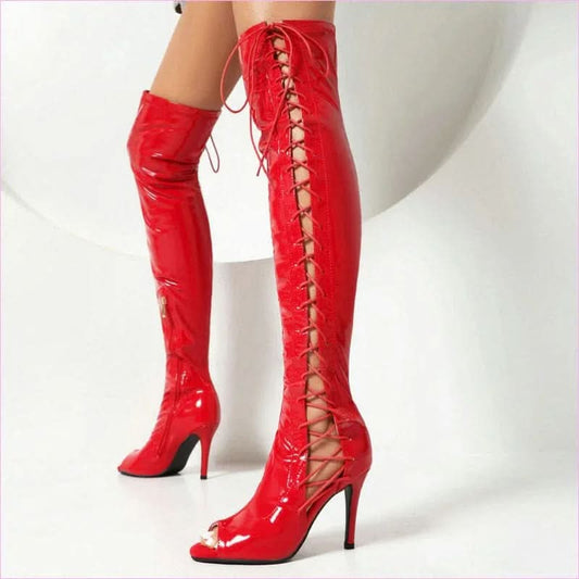 Patent Stretch Over-the-knee Boots with 5cm Heel and Open Toe - Pleasures and Sins