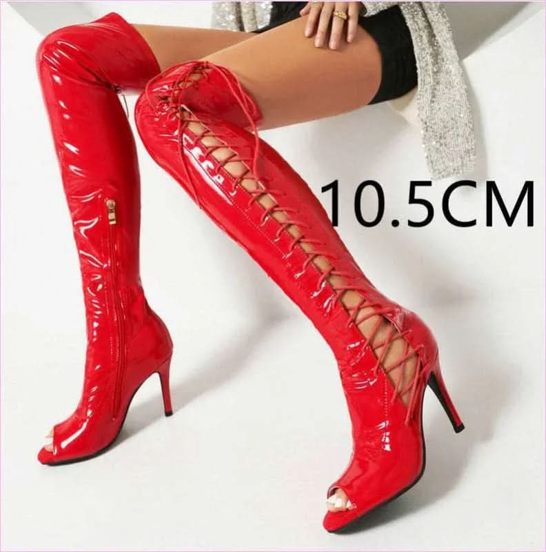 Patent Stretch Over-the-knee Boots with 5cm Heel and Open Toe - Pleasures and Sins