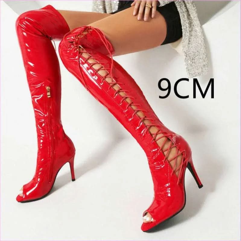 Patent Stretch Over-the-knee Boots with 5cm Heel and Open Toe - Pleasures and Sins