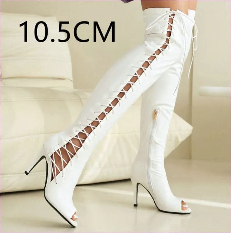 Patent Stretch Over-the-knee Boots with 5cm Heel and Open Toe - Pleasures and Sins