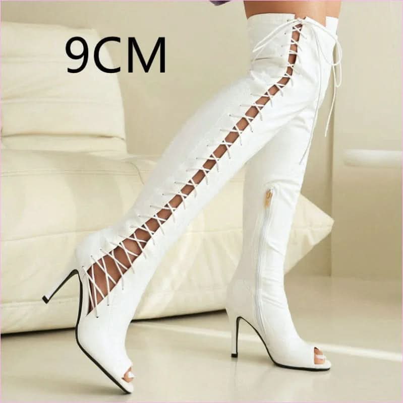 Patent Stretch Over-the-knee Boots with 5cm Heel and Open Toe - Pleasures and Sins