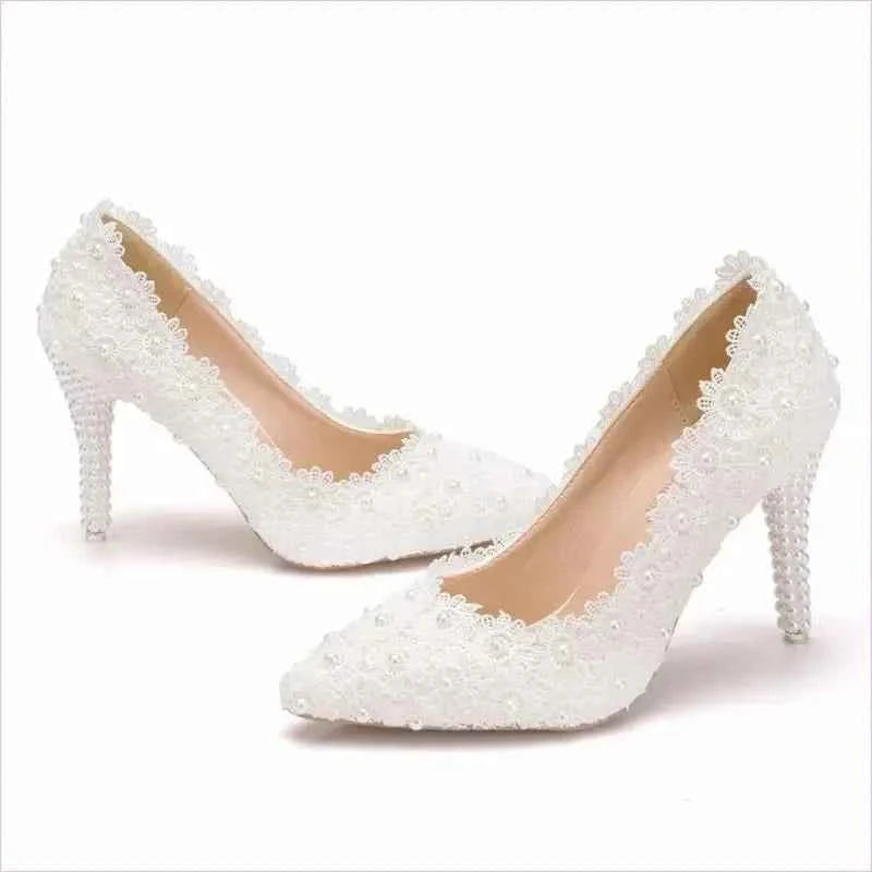 Pearl Encrusted Lace Stiletto Wedding Shoes in Large Size - Pleasures and Sins
