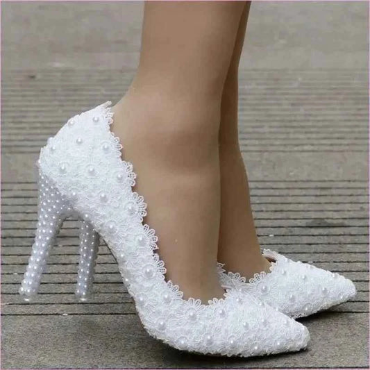 Pearl Encrusted Lace Stiletto Wedding Shoes in Large Size - Pleasures and Sins