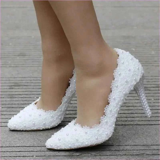 Pearl Encrusted Lace Stiletto Wedding Shoes in Large Size - Pleasures and Sins