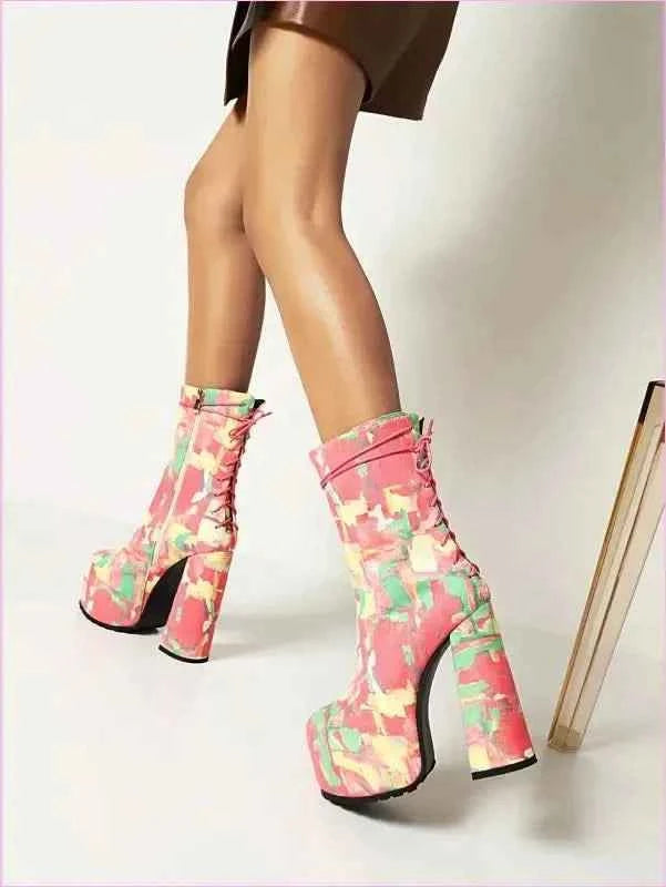 Pink Floral Round Toe Lace Up Platform Fashion Boots - Pleasures and Sins