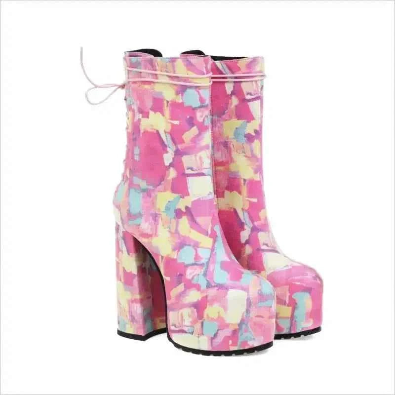 Pink Floral Round Toe Lace Up Platform Fashion Boots - Pleasures and Sins