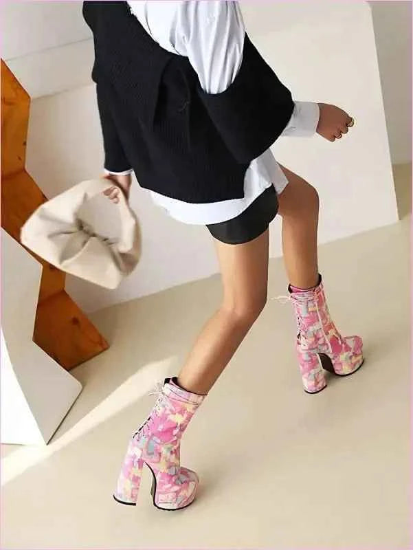 Pink Floral Round Toe Lace Up Platform Fashion Boots - Pleasures and Sins