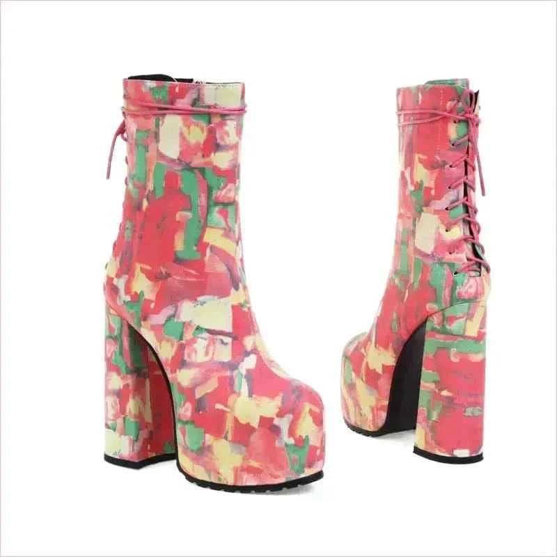 Pink Floral Round Toe Lace Up Platform Fashion Boots - Pleasures and Sins