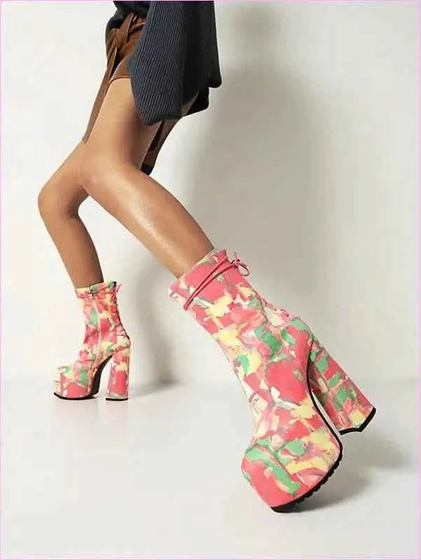 Pink Floral Round Toe Lace Up Platform Fashion Boots - Pleasures and Sins