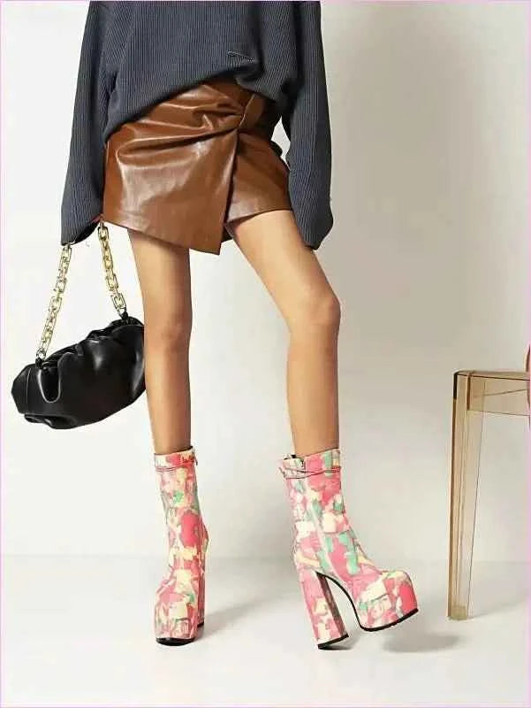 Pink Floral Round Toe Lace Up Platform Fashion Boots - Pleasures and Sins