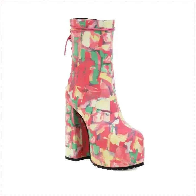 Pink Floral Round Toe Lace Up Platform Fashion Boots - Pleasures and Sins
