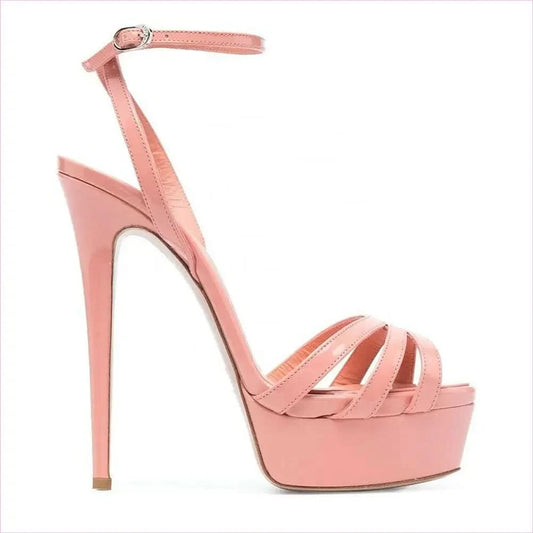 Pink Platform Sandals with Ankle Buckle and Slim Heels - Pleasures and Sins
