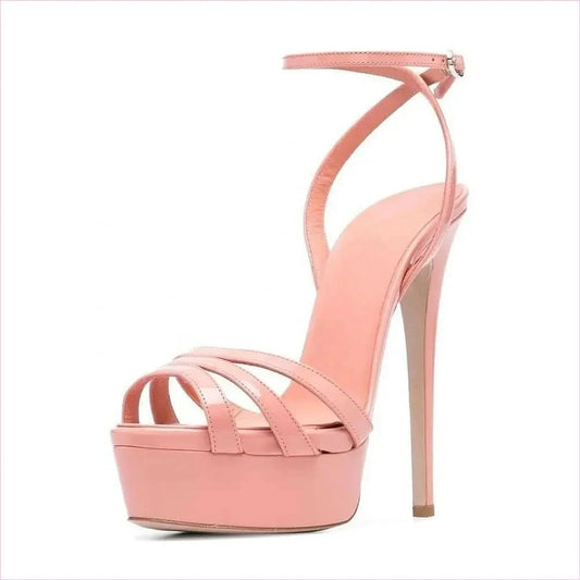 Pink Platform Sandals with Ankle Buckle and Slim Heels - Pleasures and Sins