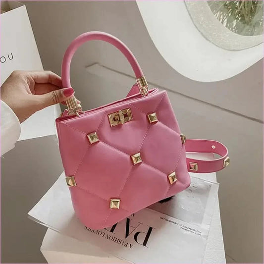 Pink Quilted Large Capacity Single Shoulder Studded Bucket Handbag - Pleasures and Sins