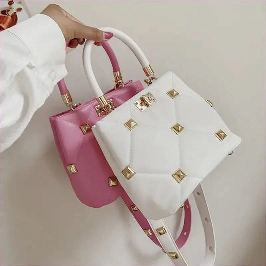 Pink Quilted Large Capacity Single Shoulder Studded Bucket Handbag - Pleasures and Sins