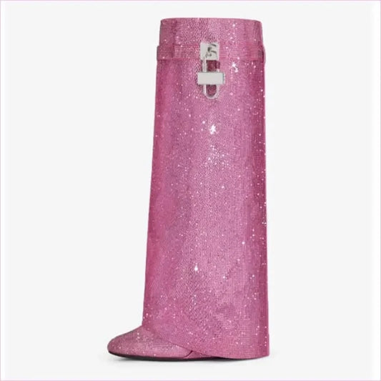 Pink Rhinestone Round Toe Knee-high Luxury Boots for Fashion-forward Women - Pleasures and Sins