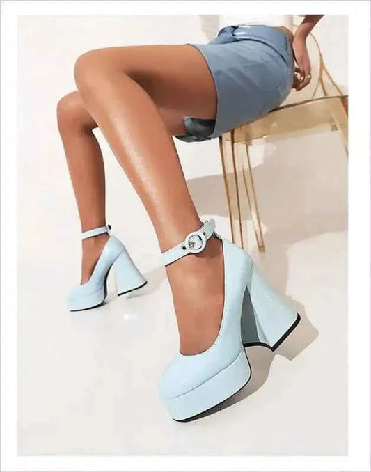 Pleasures and Sins Platform Chunky Heel Shoes with Ankle Buckle - Pleasures and Sins