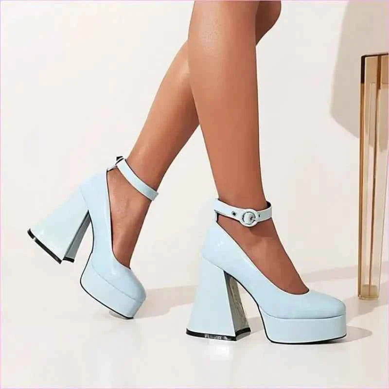 Pleasures and Sins Platform Chunky Heel Shoes with Ankle Buckle - Pleasures and Sins