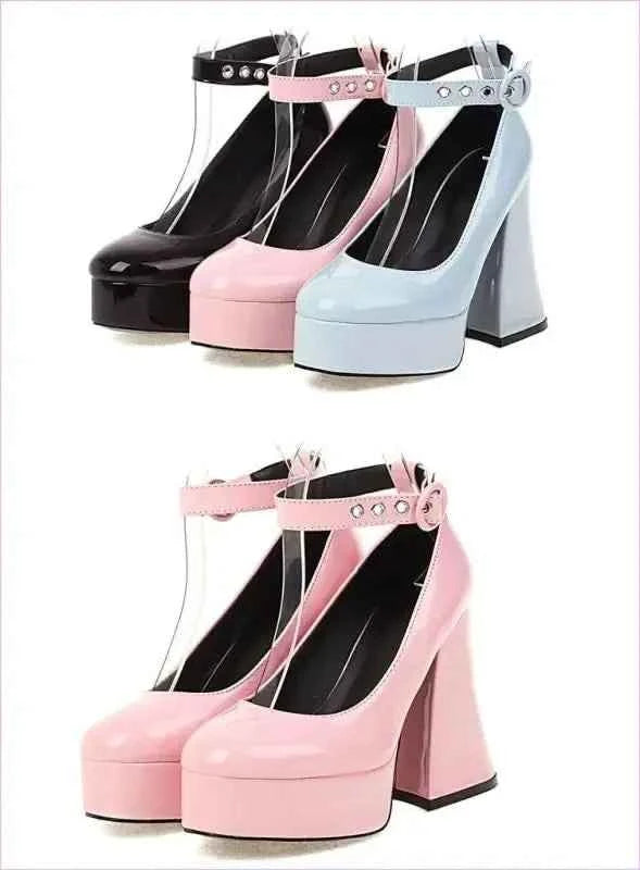 Pleasures and Sins Platform Chunky Heel Shoes with Ankle Buckle - Pleasures and Sins