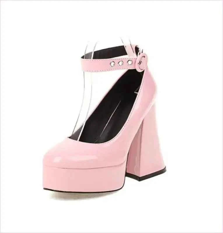 Pleasures and Sins Platform Chunky Heel Shoes with Ankle Buckle - Pleasures and Sins