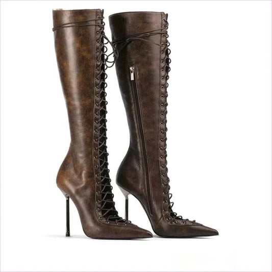Pointed-toe Cross Lace-up Stiletto Heel Sandal Boots - Pleasures and Sins