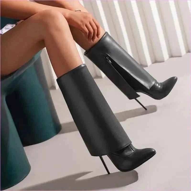 Pointed Toe Knee-high Fold OverBoots with Zipper - Pleasures and Sins
