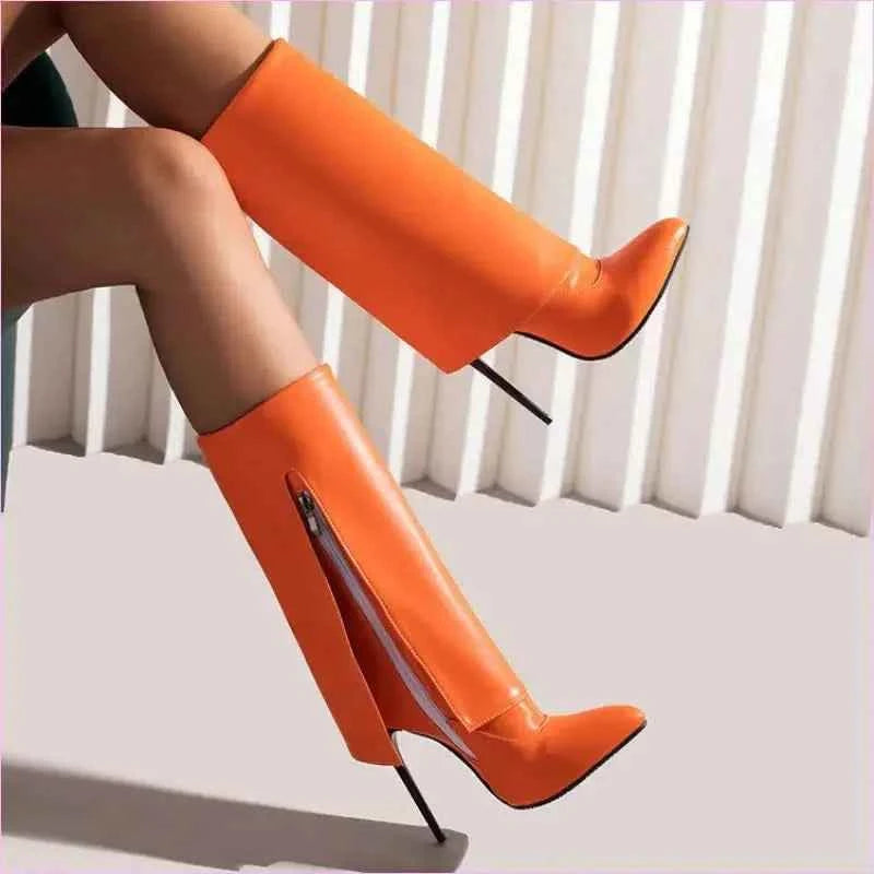 Pointed Toe Knee-high Fold OverBoots with Zipper - Pleasures and Sins