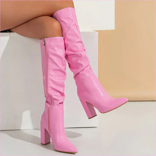 Pointed Toe Knee Length Boots with Zip Design and Sky-high Heels - Pleasures and Sins