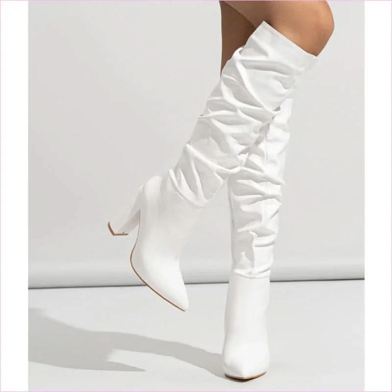Pointed Toe Knee Length Boots with Zip Design and Sky-high Heels - Pleasures and Sins
