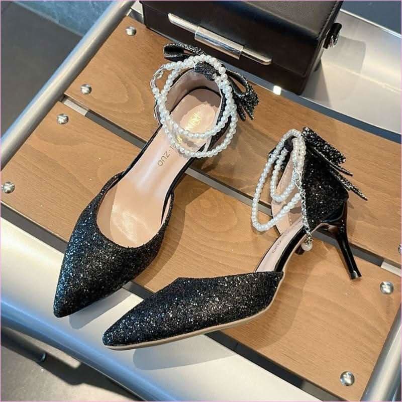 Pointed Toe Pearl Black Glitter Bow High Heels - Pleasures and Sins