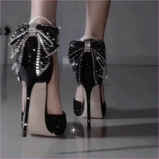 Pointed Toe Pearl Black Glitter Bow High Heels - Pleasures and Sins