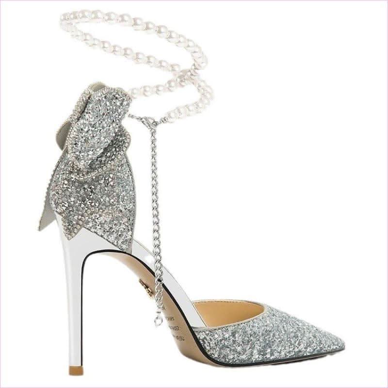 Pointed Toe Pearl Black Glitter Bow High Heels - Pleasures and Sins