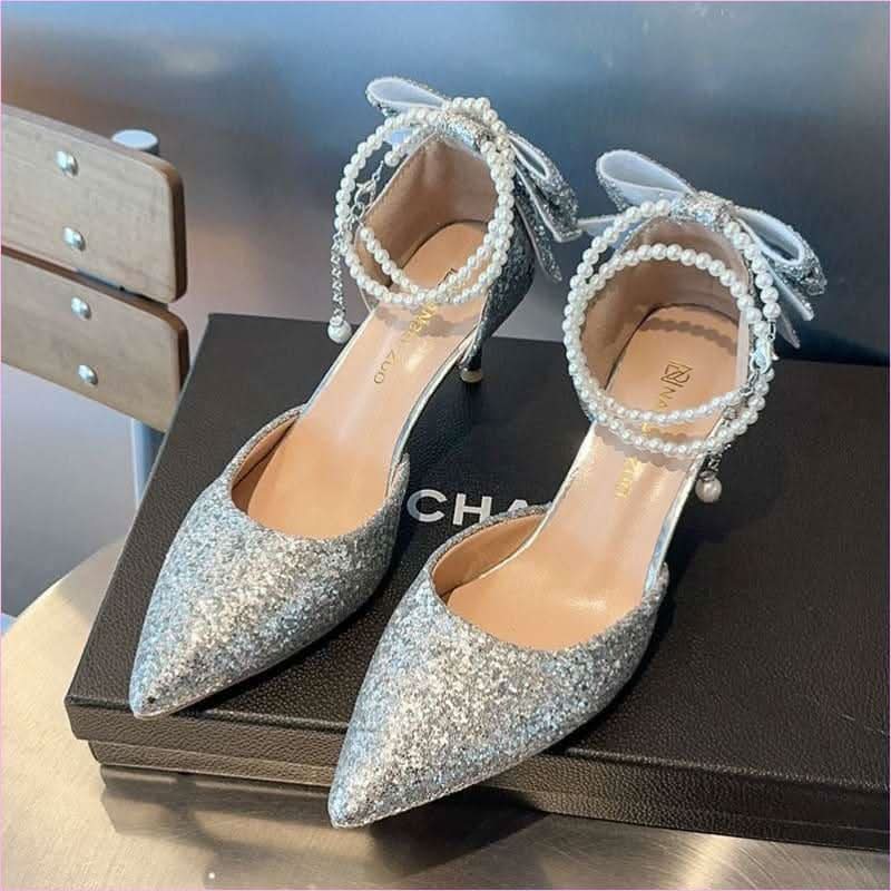 Pointed Toe Pearl Black Glitter Bow High Heels - Pleasures and Sins