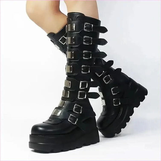 Punk Emo High Leg Boots with Multi Metal Buckles and Platform Design - Pleasures and Sins