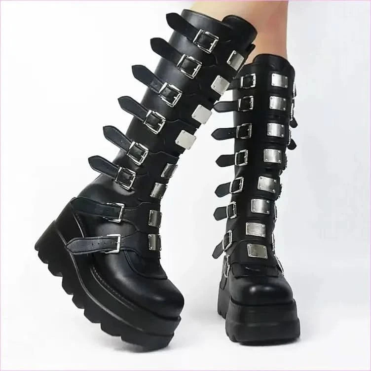 Punk Emo High Leg Boots with Multi Metal Buckles and Platform Design - Pleasures and Sins