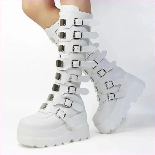 Punk Emo High Leg Boots with Multi Metal Buckles and Platform Design - Pleasures and Sins