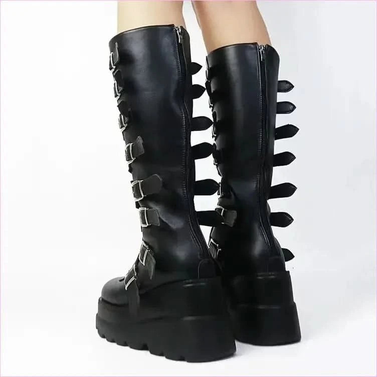 Punk Emo High Leg Boots with Multi Metal Buckles and Platform Design - Pleasures and Sins