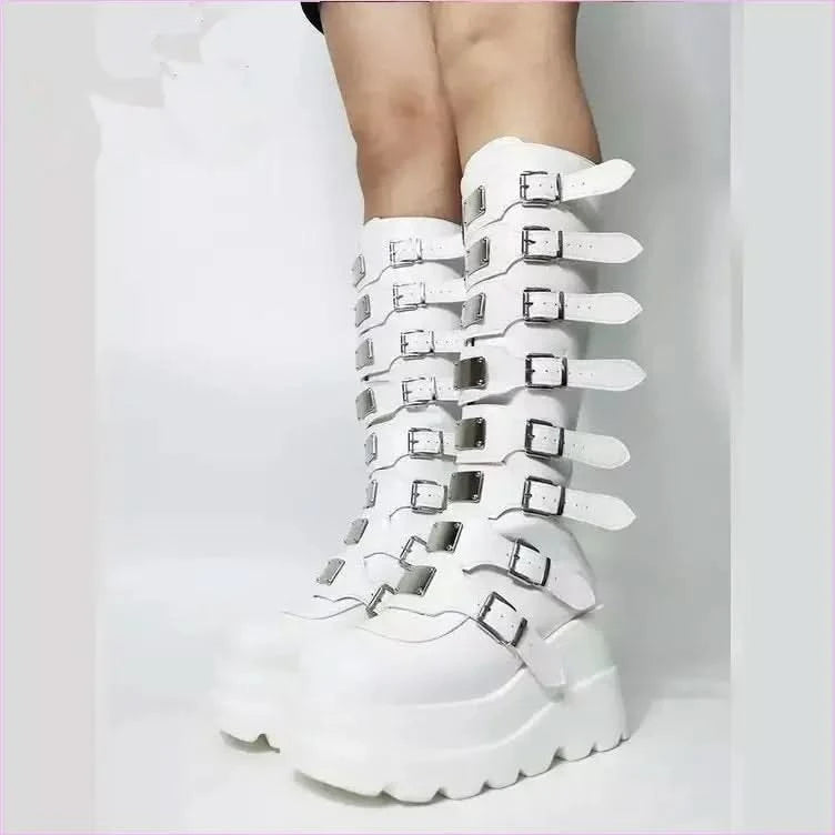 Punk Emo High Leg Boots with Multi Metal Buckles and Platform Design - Pleasures and Sins