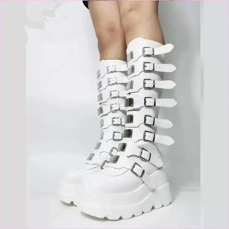 Punk Emo High Leg Boots with Multi Metal Buckles and Platform Design - Pleasures and Sins