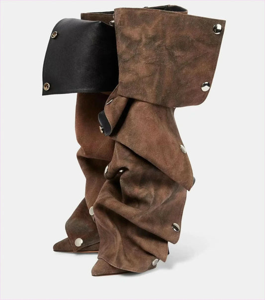 Punk Style Knee Length Pleated Rivet Western Cowboy Boots - Pleasures and Sins