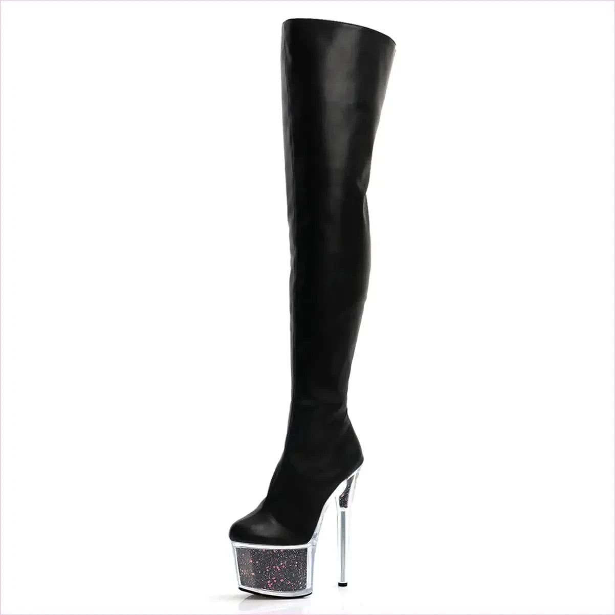 Purple Patent Leather High Heel Thigh Boots with Glitter Filled Platform - Pleasures and Sins