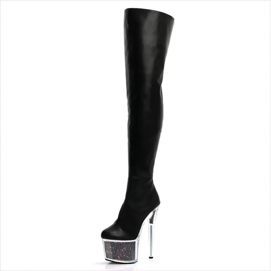 Purple Patent Leather High Heel Thigh Boots with Glitter Filled Platform - Pleasures and Sins