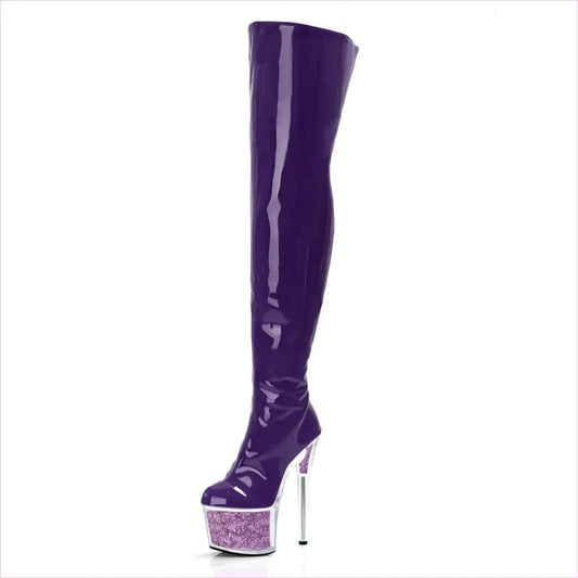 Purple Patent Leather High Heel Thigh Boots with Glitter Filled Platform - Pleasures and Sins